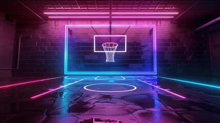 Wall Mural - 3D Render Of Pink, Violet, And Blue Glowing Neon Lines Of A Basketball Hoop, High Quality Background