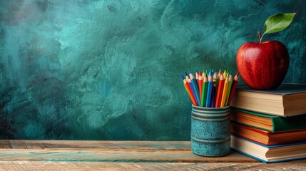 A close-up image of a stack of books, a red apple, and a container of colorful pencils on a wooden table. A textured green wall is in the background. Back to school.