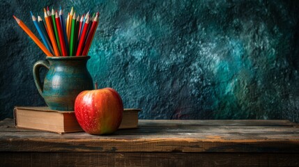 A close-up of a wooden table with a stack of books, colored pencils in a ceramic jar, and a red apple. The background is a textured teal wall. Back to school.