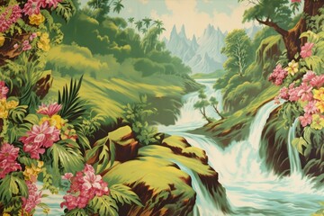 Sticker - Hawaiian vintage color vegetation outdoors painting.