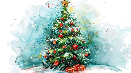 Wall Mural - Decorated Christmas tree hand painted watercolor illustration