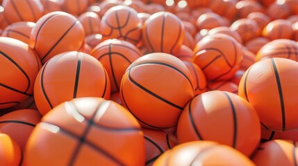 Wall Mural - 3D Rendering Of Many Orange Basketball Balls Lying In An Endless Pile Seen From The, High Quality Background