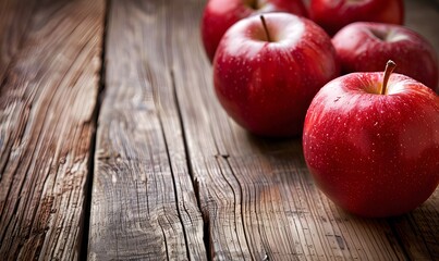 Red apples displayed on a vintage wooden table , Generative AI