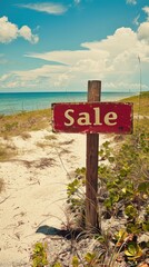 Vibrant Sale Sign on Tranquil Beach with Ocean in Background