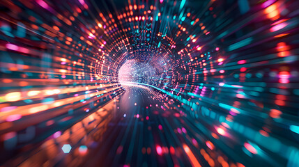 Poster - Abstract colorful tunnel of light and digital particles