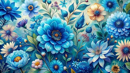 Vibrant blue flower background featuring hand-painted and digitally rendered floral elements, blending traditional and modern techniques for a rich, textured, and artistic visual.