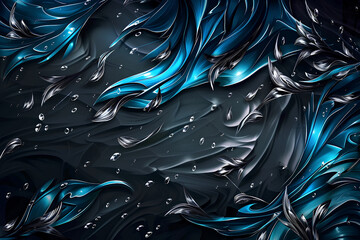 Wall Mural - Abstract blue and silver feathers in digital art style, metallic background, elegant flow concept