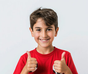 A young boy giving a thumbs up, holding a soccer ball in his hand isolated on a white background with a clipping path.