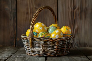 Sticker - Easter eggs in a wicker basket on a wooden background