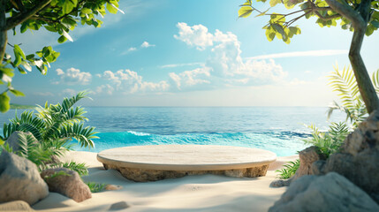 Wall Mural - Scenic beach platform with tropical foliage and ocean view. Copy space. Generative AI