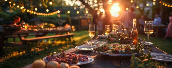 An outdoor garden party with friends enjoying a delicious spread of food and drinks in a beautifully lit setting at sunset, friends get together