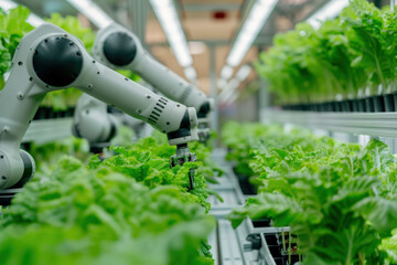 Poster - Smart agriculture concept with robotic arms working on fresh green lettuces in indoor farm