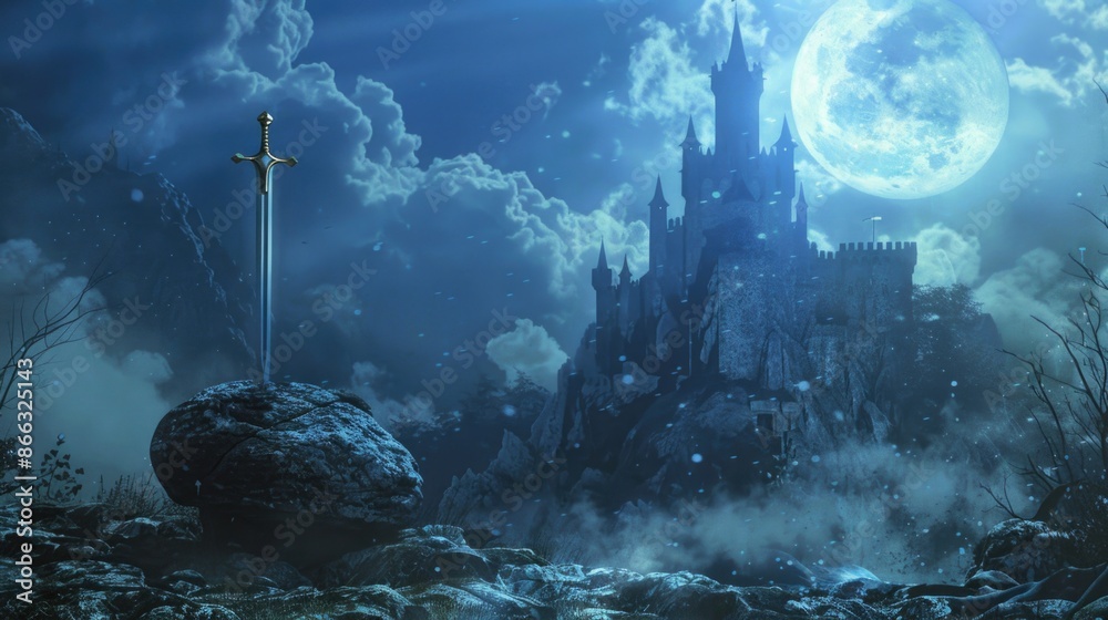 Fantasy background with a sword in a stone with light rays on the ...