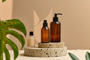 A brown glass bottle of body lotion with a black pump and two bottles of face serum