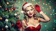 © HappyFoxy - Woman in Christmas dress near the Christmas tree. Colorful makeup and retro hairstyle for Christmas or new year party. Beautiful pinup girl with Christmas pin-up makeup holding glass of champagne
