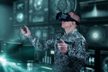 Warfare pilot using head-mounted displays VR glasses, digital device operating with robot, drone or troops of mechanical soldiers. The military's training virtual simulators, AI technology
