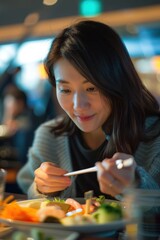 Wall Mural - Portrait of a Japanese traveler enjoying a meal in the airport restaurant, high detail, photorealistic, cheerful mood, well-lit setting