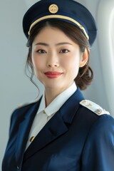 Wall Mural - Portrait of a Japanese flight attendant welcoming passengers onboard, high quality photo, photorealistic, friendly expression, studio lighting