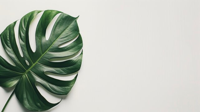Single Monstera Deliciosa Leaf on White Background. Tropical, Minimalist, Nature Photography