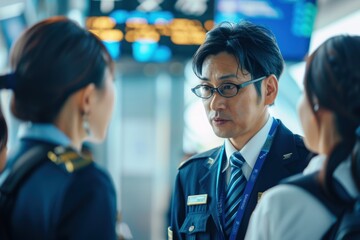 Wall Mural - Portrait of a Japanese airport staff member guiding passengers at the gate, high detail, photorealistic, engaging atmosphere, bright environment