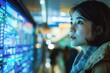 © siripimon2525 - Portrait of a Japanese traveler checking flight information on a digital screen, high detail, photorealistic, engaged mood, well-lit setting