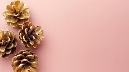 Wall Mural - Golden painted natural pine cone Christmas decor on pink background Trendy winter theme with space for text