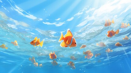 Vibrant coral fish swimming underwater in clear blue ocean. Sunny tropical sea with school of fish, perfect for nature and marine life concepts.
