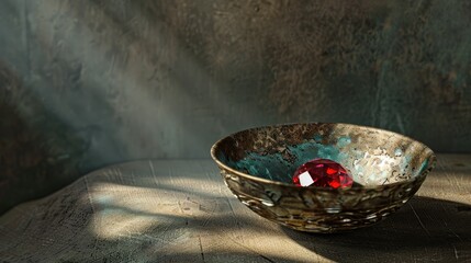 Wall Mural - Garnet gem in old bowl lovely light in shadow Dark wide photo with blank area