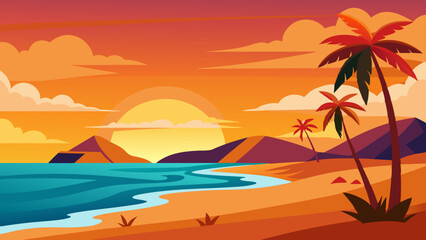 Wall Mural - Sunset on Beach landscape vector illustration 