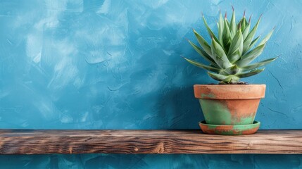 Canvas Print - Cactus pot on wooden shelf with blue wall background for home decor