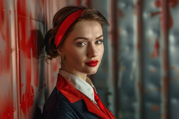 Wall Mural - Portrait of a European flight attendant giving safety instructions, high quality photo, photorealistic, professional expression, studio lighting