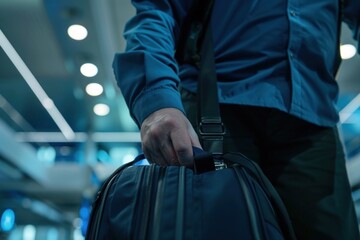 Wall Mural - Close-up of an airport security officer's hands inspecting a bag, high detail, photorealistic, focused action, well-lit environment