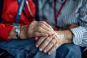 Wall Mural - Close-up of an airport staff's hands assisting an elderly passenger, high detail, photorealistic, caring action, studio lighting