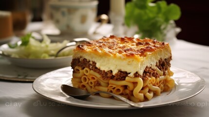 Wall Mural - Close-Up of Greek Pastitsio Dish with Creamy Topping