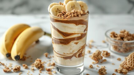 Wall Mural - Banana Peanut Butter Smoothie: A creamy smoothie, swirled with peanut butter and topped with banana slices and a sprinkle of granola.