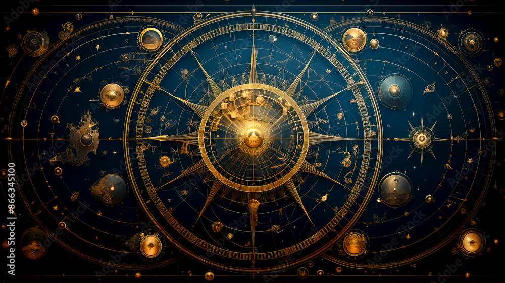 Golden Celestial Map with Astrological Symbols on Dark Background Stock ...