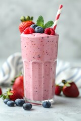 Wall Mural - Red Berry Smoothie: Fresh red berry smoothie in a clear glass, topped with fresh strawberries, blueberries, and a sprig of mint.