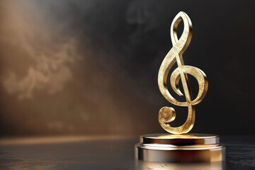 golden treble clef standing on a stage receiving an award, a concept for music award