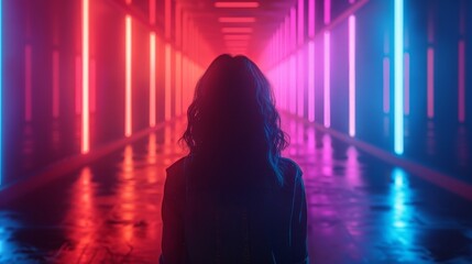 Poster - A woman stands in a long hallway with neon lights