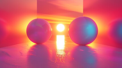 Wall Mural - Two large, glowing spheres in a room with a pink and blue background