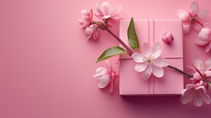 Wall Mural - Pink gift box with spring flower, clean composition, product photography