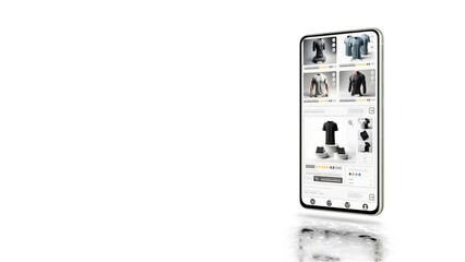 Wall Mural - Online marketplace application and website animation. E-commerce and shopping for clothes products. Marketing, commerce and t-shirt sales home page.
