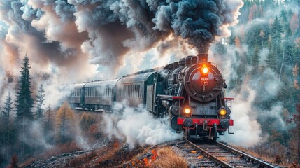 Retro steam engine with red lights and dense black smoke, set against a foggy forest with dark trees and a murky sky.