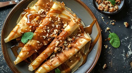 Poster - Delicious crepes drizzled with caramel sauce and garnished with chopped nuts on a dark rustic plate. Perfect dessert or breakfast treat. Mouth-watering food photography with a cozy style. AI