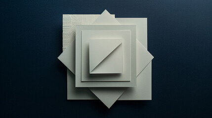 Wall Mural - Minimalistic white stationery arranged in a precise square on a dark navy backdrop.