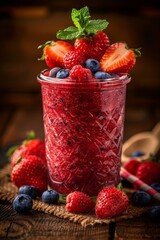 Wall Mural - Berry Blast Smoothie: A close-up shot of a fresh mixed berry smoothie in a clear glass, topped with fresh strawberries, blueberries, and a sprig of mint.