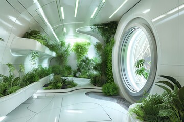 plants growing in a modern interior with a circular window showing a view of earth from space