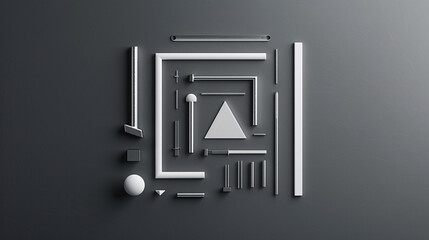 Wall Mural - Minimalistic white and silver geometry tools arranged in a square on a dark grey backdrop.