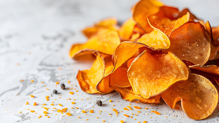Handful of sweet potato chips on a bright grey background with copy space for commercial ads, food blog, food styling, product packaging, nutrition book, menu, cooking course, online store. Yam chips
