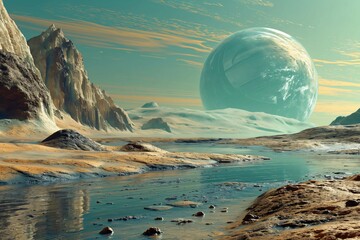 Turquoise planet rising over a barren alien landscape with mountains and a river, a concept of space exploration and colonization of a new world